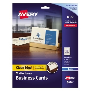 Avery Clean Edge Printable Business Cards For Inkjet Printers, Matte, 2&quot; x 3.5&quot;, Ivory, 10 Cards/Sheet, 20 Sheets/Pack
