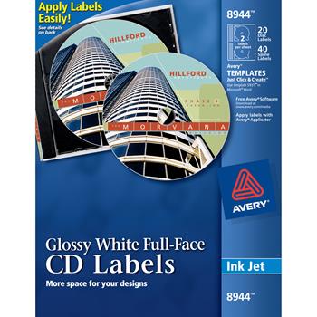 Avery Full-Face CD Labels, Permanent Adhesive, Glossy White, 20 Disc Labels and 40 Spine Labels/Pack