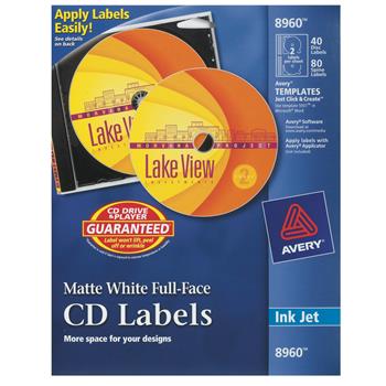 Avery CD Labels, Matte White, Permanent Adhesive, 40 Disc Labels and 80 Spine Labels/Pack