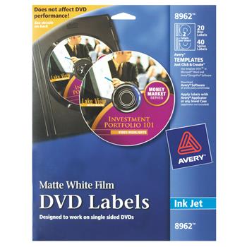 Avery Film DVD Labels, Permanent Adhesive, Matte White, 20 Disc Labels and 40 Spine Labels/Pack