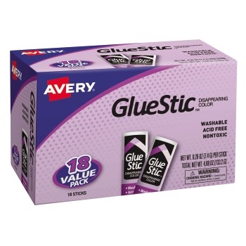 Avery Glue Stic™ Disappearing Purple Color, Washable, Nontoxic, 0.26 oz., 18/PK