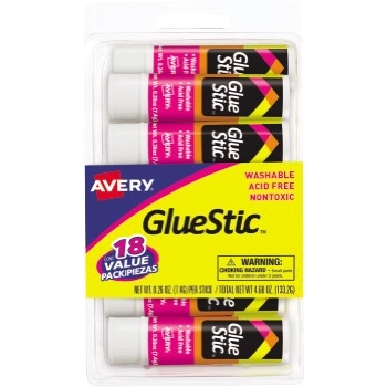 Avery Glue Stic™, Washable, Nontoxic, Permanent Adhesive, 0.26 oz., 18/PK