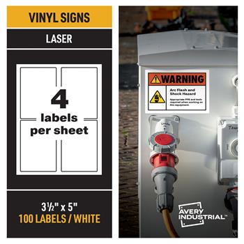 Avery Industrial Adhesive Vinyl Labels, Warning Sign, 3.5 in x 5 in, 3.4 mil, Orange and White, 100/Pack