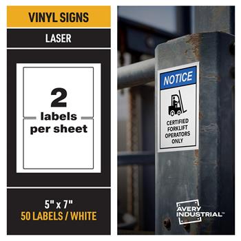 Avery Industrial Adhesive Vinyl Labels, Notice Sign, 5 in x 7 in, 3.4 mil, Blue and White, 50/Pack