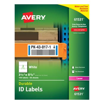 Avery Durable ID Labels, TrueBlock Technology, Permanent Adhesive, 3-1/4 in x 8-3/8 in, White, 150/Pack