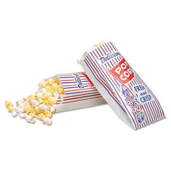 Bagcraft Pinch-Bottom Paper Popcorn Bag, 4w x 1-1/2d x 8h, Blue/Red/White