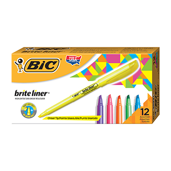 BIC Brite Liner Highlighters, Chisel Marker Point Style, Assorted Water Based Ink, 12/BX