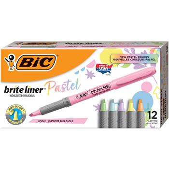 BIC Brite Liner Grip Highlighters, Chisel Marker Point Style, Assorted Pastel Colors, Dozen
