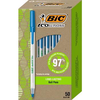 BIC ReVolution Round Stic Ballpoint Pen Value Pack, Stick, Medium 1 mm, Blue Ink, Clear Barrel, 50/Pack