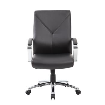 Boss Office Products LeatherPlus Executive Chair, High Back, Fixed Arms, Chrome Frame, Black Leather