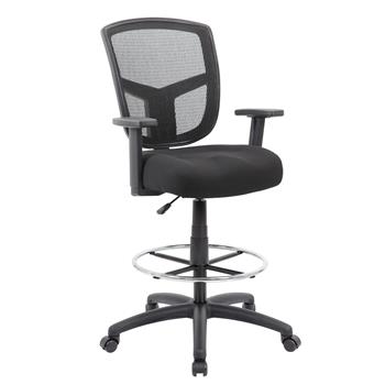 Boss Office Products Contract Mesh Drafting Stool, Adjustable Arms, Black Fabric Base, Chrome Footring, Black