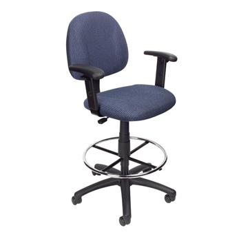 Boss Office Products Drafting Stool, Adjustable Arms, Black Base, Chrome Footring, Blue Fabric