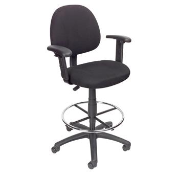 Boss Office Products Drafting Stool, Adjustable Arms, Black Base, Chrome Footring, Black Fabric
