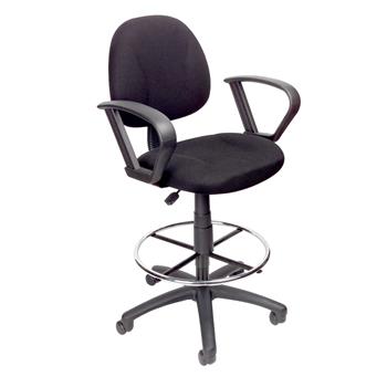 Boss Office Products Drafting Stool, Fixed Loop Arms, Black Base, Chrome Footring, Black Fabric