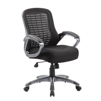 Boss Office Products Ribbed Mesh Task Chair, High Back, Loop Arms, Gun Metal Finish Base, Black Fabric