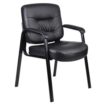 Boss Office Products LeatherPlus Executive Guest Chair, Mid Back, Padded Arms, Black Steel Legs, Black Leather