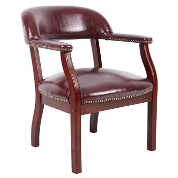 Boss Office Products Captain&#39;s Traditional Guest Chair, Padded Arms, Mahogany Finished Wood Frame, Burgundy Vinyl