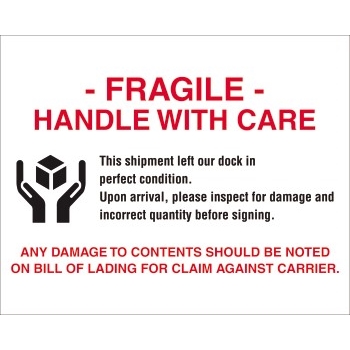 W.B. Mason Co. Labels, Fragile- Handle With Care, 8 x 10 in, Red/White/Black, 250/Roll