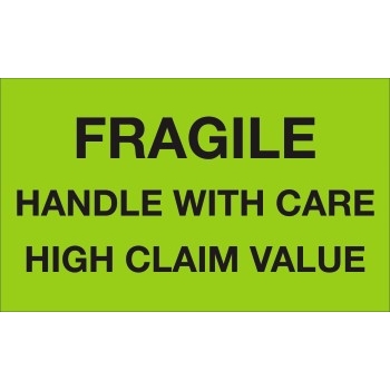 W.B. Mason Co. Labels, Fragile- Handle With Care- High Claim Value, 3 x 5 in, Fluorescent Green, 500/Roll