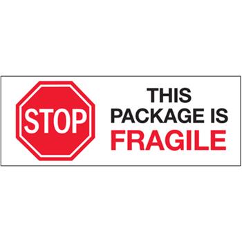 Tape Logic Labels, Stop This Package is Fragile, 3&quot; x 8&quot;, Red/Black/White, 250/Roll