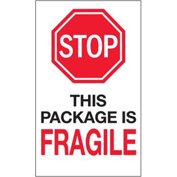 Tape Logic Labels, Stop This Package is Fragile, 10&quot; x 6&quot;, Red/Black/White, 250/Roll