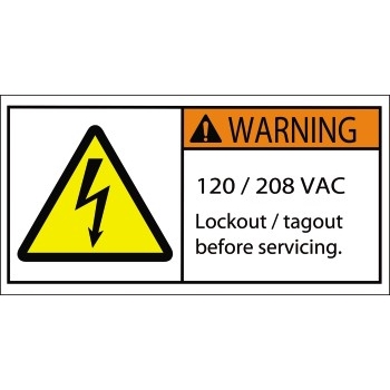 W.B. Mason Co. Durable Safety Labels, Warning 120/208 VAC, 2 in x 4 in, Multi-Color, 25/Roll