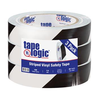Tape Logic Striped Vinyl Tape, 7.0 Mil, 1&quot; x 36 yds, Black/White, 3/Case