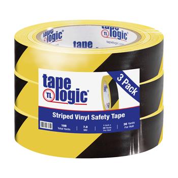 Tape Logic Striped Vinyl Tape, 7.0 Mil, 1&quot; x 36 yds, Black/Yellow, 3/Case
