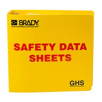 Brady GHS 3&quot; Safety Data Sheet Binder, English, 11&quot;H x 3.5&quot;D, Red On Yellow