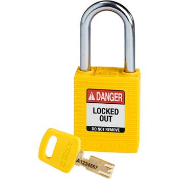Brady SafeKey Lockout Padlock Nylon Yellow 1.5&quot; Steel Shackled Keyed Different