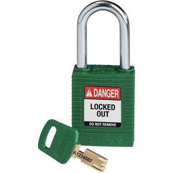 Brady SafeKey Lockout Padlock Nylon Green 1.5&quot; Steel Shackled Keyed Different