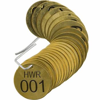 Brady Stamped Brass Valve Tags, 1-1/2&quot; Dia, &quot;HOT WATER RETURN (HWR)&quot;, 001-025, 1/4&quot;