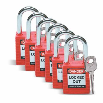 Brady Nonconductive Nylon Padlocks, 6-Pin Cylinder, 1.5&quot; Shackle Clearance, Keyed Different