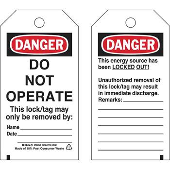 Brady Lockout Tags, &quot;DANGER: DO NOT OPERATE&quot; 5.75&quot;H x 3&quot;W, Black/Red On White
