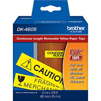 Brother Continuous Length Paper Tape, 2.4&quot; x 100&#39;, Black on Yellow