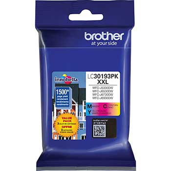 Brother LC30193PK Super High Yield XXL 3 Pack Ink Cartridges, Cyan, Magenta &amp; Yellow