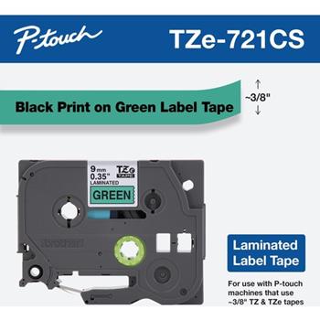Brother P-Touch TZe-721CS Laminated Label Tape, 3/8w, Black on Green
