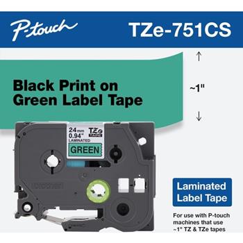 Brother P-Touch TZe-751CS Laminated Label Tape, 1&quot; Wide, Black on Green
