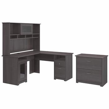 Bush Business Furniture Cabot 60&quot;W L-Shaped Computer Desk with Hutch and Lateral File Cabinet, Heather Gray