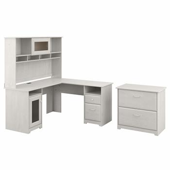 Bush Business Furniture Cabot 60&quot;W L-Shaped Computer Desk with Hutch and Lateral File Cabinet, Linen White Oak
