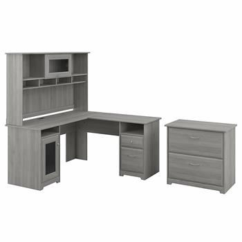 Bush Business Furniture Cabot 60&quot;W L-Shaped Computer Desk with Hutch and Lateral File Cabinet, Modern Gray