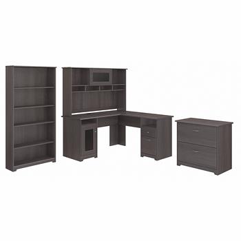 Bush Business Furniture Cabot L-Shaped Desk with Hutch, Lateral File Cabinet and 5-Shelf Bookcase, Heather Gray