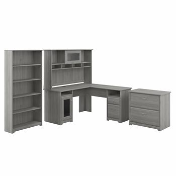 Bush Business Furniture Cabot L-Shaped Desk with Hutch, Lateral File Cabinet and 5-Shelf Bookcase, Modern Gray