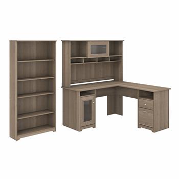 Bush Business Furniture Cabot 60&quot;W L-Shaped Computer Desk with Hutch and 5-Shelf Bookcase, Ash Gray