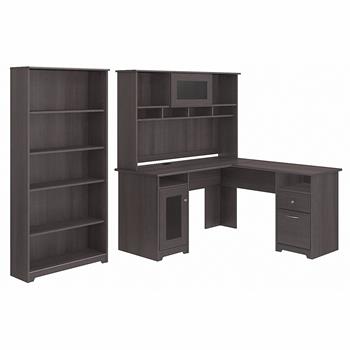 Bush Business Furniture Cabot 60&quot;W L-Shaped Computer Desk with Hutch and 5-Shelf Bookcase, Heather Gray