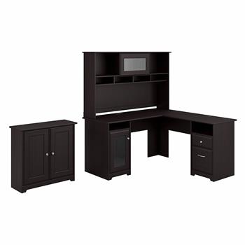 Bush Business Furniture Cabot L-Shaped Desk with Hutch and Small Storage Cabinet with Doors, Espresso Oak