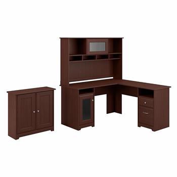 Bush Business Furniture Cabot L-Shaped Desk with Hutch and Small Storage Cabinet with Doors, Harvest Cherry