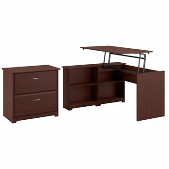 Bush Business Furniture Cabot 52&quot;W 3-Position Sit to Stand Corner Bookshelf Desk with Lateral File Cabinet, Harvest Cherry