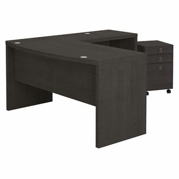 Office By Kathy Ireland Echo 60&quot;W L-Shaped Bow Front Desk with Mobile File Cabinet, Charcoal Maple