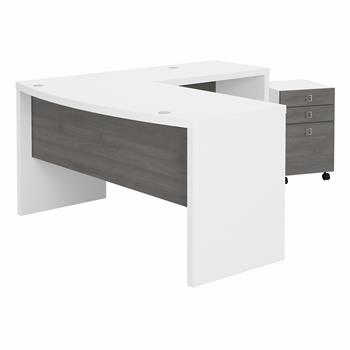 Office By Kathy Ireland Echo 60&quot;W L-Shaped Bow Front Desk with Mobile File Cabinet, Pure White/Modern Gray